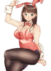 Rule 34 | 1girl, animal ears, ass, bad id, bad pixiv id, bare shoulders, black pantyhose, blush, bow, bowtie, breasts, brown hair, bursting breasts, cleavage, crossed legs, detached collar, fake animal ears, green eyes, highres, karasuma yayoi, large breasts, leotard, long hair, looking at viewer, mole, mole on breast, original, pantyhose, playboy bunny, rabbit ears, rabbit tail, sitting, smile, solo, tail, wrist cuffs