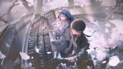 1boy 1girl armlet bai_qi-qsr bandaged_arm bandages black_gloves black_jacket black_pants blue_hair blue_nails blue_veil breasts cleavage closed_mouth collarbone collared_jacket commentary dog_tags dress english_commentary from_side gloves grand_piano grey_shirt hair_between_eyes highres instrument jacket jewelry large_breasts long_hair looking_at_another male_rover_(wuthering_waves) music nail_polish open_clothes open_jacket pants piano playing_instrument playing_piano purple_eyes rover_(wuthering_waves) shirt sitting sleeveless sleeveless_dress sleeves_rolled_up smile tacet_mark_(wuthering_waves) the_shorekeeper_(wuthering_waves) two-tone_veil veil white_dress white_veil wuthering_waves yellow_eyes