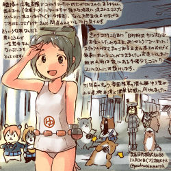 Rule 34 | 10s, 2girls, :d, admiral (kancolle), akitsu maru (kancolle), animal, bare arms, bare legs, black eyes, black hair, camera, commentary request, dated, diving mask, diving mask on head, goggles, goggles on head, hamster, hoshizora rin, kaga (kancolle), kantai collection, kirisawa juuzou, koizumi hanayo, love live!, love live! school idol project, maru-yu (kancolle), multiple girls, nagato (kancolle), non-human admiral (kancolle), one-piece swimsuit, open mouth, school swimsuit, short hair, smile, solo focus, swimsuit, taking picture, traditional media, translation request, twitter username, white one-piece swimsuit, white school swimsuit