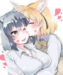 Rule 34 | 2girls, absurdres, animal ear fluff, animal ears, aotan (aorin114), bad id, bad pixiv id, black hair, blonde hair, blush, breasts, brown eyes, collarbone, common raccoon (kemono friends), closed eyes, fang, fennec (kemono friends), heart, heart-shaped pupils, heart in eye, highres, hug, kemono friends, kiss, kissing cheek, lipstick mark, long sleeves, looking at another, medium hair, multicolored hair, multiple girls, one eye closed, open mouth, ribbon, shirt, short sleeves, simple background, skin fang, smile, symbol-shaped pupils, symbol in eye, tongue, vest, white background, white shirt, yuri