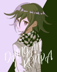 Rule 34 | 1boy, artist name, checkered clothes, checkered scarf, closed mouth, copyright name, danganronpa (series), danganronpa v3: killing harmony, flipped hair, hair between eyes, jacket, looking at viewer, looking back, medium hair, mikao (eanv5385), oma kokichi, purple eyes, scarf, smile, solo, white background