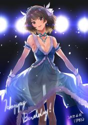Rule 34 | 1girl, armband, backlighting, bare shoulders, blue dress, blue eyes, bowcan, breasts, brown hair, choker, cleavage, dated, dress, gloves, green eyes, hair ribbon, happy birthday, heterochromia, hip focus, idolmaster, idolmaster cinderella girls, jewelry, legs, medium breasts, mole, mole under eye, necklace, open mouth, ribbon, see-through silhouette, short hair, signature, smile, solo, stage lights, swept bangs, takagaki kaede, thighs, tiara, white gloves