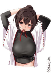 Rule 34 | 1girl, arms behind head, arms up, blush, breasts, brown eyes, brown hair, cowboy shot, ebifurya, hakama, hakama skirt, highres, japanese clothes, kantai collection, large breasts, looking at viewer, navel, one-hour drawing challenge, simple background, skin tight, skirt, solo, twitter username, upper body, white background