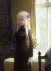 Rule 34 | 1girl, arm at side, black dress, black theme, blue eyes, blurry, blurry foreground, book, bookshelf, breasts, calbee (level1211), day, dress, flower, hair flower, hair ornament, highres, indoors, large breasts, long hair, looking at viewer, original, platinum blonde hair, solo, standing, table, window