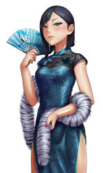 Rule 34 | 1girl, asymmetrical hair, black hair, blue dress, blunt ends, blush, china dress, chinese clothes, dress, feather boa, female focus, folding fan, green eyes, hand fan, highres, holding, holding fan, nail polish, nakanocchi, original, red nails, simple background, solo, white background