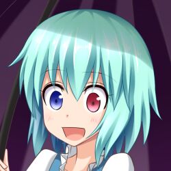Rule 34 | 1girl, :d, blue eyes, blue hair, commentary request, gin&#039;you haru, heterochromia, looking at viewer, open mouth, portrait, profile picture, purple umbrella, red eyes, short hair, smile, solo, tatara kogasa, touhou, umbrella, upper body