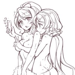 Rule 34 | 10s, 2girls, aftersex, ass, ayase eli, blanket, blush, breasts, cellphone, completely nude, convenient arm, convenient censoring, covering privates, covering breasts, eyes visible through hair, fiodo, greyscale, high ponytail, holding, large breasts, long hair, love live!, love live! school idol project, low twintails, monochrome, multiple girls, nude, open mouth, phone, ponytail, scrunchie, selfie, simple background, smartphone, smile, sweat, taking picture, tojo nozomi, triangle mouth, twintails, upper body, v, white background, yuri