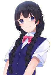 Rule 34 | absurdres, black hair, blue vest, blush, blush stickers, bow, bowtie, braid, buttons, closed mouth, collared shirt, commentary request, hair ornament, hair over shoulder, hair tie, hairclip, highres, long hair, looking at viewer, nijisanji, nishinomiya suzu, pink bow, pink bowtie, purple eyes, shirt, short sleeves, simple background, smile, solo, tsukino mito, tsukino mito (3rd costume), twin braids, upper body, very long hair, vest, virtual youtuber, white background, white shirt