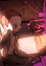 Rule 34 | 1boy, arms behind back, blood, blood splatter, brown hair, cigarette, coattails, collared jacket, collared shirt, commentary request, danganronpa (series), danganronpa v3: killing harmony, full body, grey eyes, grey jacket, grey pants, holding, holding cigarette, hoshi ryoma, indoors, jacket, kneeling, kogarashi 8, light blush, looking ahead, male focus, mouth hold, necktie, official alternate costume, open clothes, open jacket, pants, parted lips, partial commentary, pink blood, red necktie, school uniform, shirt, short hair, solo, sunlight, tile floor, tiles, very short hair, white shirt, wide-eyed