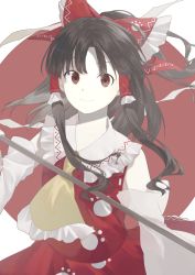 Rule 34 | 1girl, black hair, bow, brown eyes, brown hair, detached sleeves, frilled bow, frills, gohei, hair bow, hair tubes, hakurei reimu, highres, long hair, looking at viewer, otoshiro kosame, red bow, red shirt, red skirt, ribbon, shirt, skirt, sleeveless, sleeveless shirt, solo, touhou, wily beast and weakest creature, yellow neckwear