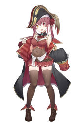 Rule 34 | 1girl, :d, bare shoulders, bicorne, black hat, black jacket, blush, boots, breasts, brown footwear, brown thighhighs, cleavage, covered navel, crop top, epaulettes, fang, full body, hair between eyes, hair ribbon, hat, heterochromia, hololive, houshou marine, jacket, leilin, leotard, leotard under clothes, long hair, long sleeves, looking at viewer, medium breasts, open clothes, open jacket, open mouth, pirate hat, pleated skirt, red eyes, red hair, red ribbon, red skirt, ribbon, see-through, see-through cleavage, see-through leotard, simple background, skirt, sleeves past fingers, sleeves past wrists, smile, solo, standing, thighhighs, thighhighs under boots, twintails, virtual youtuber, white background, yellow eyes
