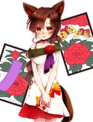 Rule 34 | 1girl, adapted costume, animal ears, blush, breasts, brown hair, bug, butterfly, card, collarbone, dress, fang, flower, hanafuda, highres, imaizumi kagerou, bug, japanese clothes, long hair, looking at viewer, medium breasts, meiousei (mamea), off shoulder, red eyes, simple background, smile, solo, tail, touhou, white background, wolf ears