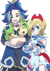 Rule 34 | 1boy, 1girl, :3, absurdres, adaman (pokemon), blonde hair, blue eyes, bright pupils, brown eyes, closed mouth, collarbone, commentary request, creatures (company), eyebrow cut, eyelashes, game freak, gen 4 pokemon, glaceon, highres, holding, holding pokemon, irida (pokemon), leaf, leafeon, medium hair, nintendo, open mouth, pokemon, pokemon (creature), pokemon legends: arceus, prehensile ribbon, sheyona, simple background, smile, standing, tail, teeth, upper teeth only, white background, white pupils