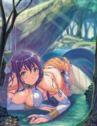 Rule 34 | 1girl, breast slip, breasts, bridal gauntlets, bubuzuke, cleavage, earrings, eyelashes, frog, game cg, green eyes, jewelry, lamia, lamia hygieia, large breasts, lots of jewelry, lying, mamonomusume to no seikatsu, mamonomusume to no seikatsu ~ramia no baai~, monster girl, nature, nipple slip, nipples, one breast out, purple hair, scales, short twintails, skindentation, snake, solo, staring, twintails, wardrobe malfunction, water, wet