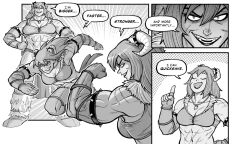 Rule 34 | 1girl, abs, armlet, biceps, boots, breasts, closed eyes, comic, elbow gloves, emphasis lines, english text, eyelashes, facial scar, fangs, flexing, fur boots, gloves, greyscale, hair between eyes, hand on own hip, hand up, hedon bloodrite, horn ornament, horns, index finger raised, jewelry, large breasts, legs apart, lips, loincloth, long hair, looking at viewer, mcnostril, monochrome, multiple views, muscular, muscular female, navel, open mouth, pendant, running, scar, scar on arm, scar on cheek, scar on face, scar on stomach, slit pupils, smile, spiked armlet, spikes, standing, stomach, thigh boots, v-shaped eyebrows