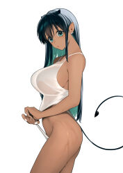 Rule 34 | 1girl, absurdres, aqua eyes, aqua hair, black hair, breasts, clothes pull, colored inner hair, commentary, cowboy shot, dark-skinned female, dark skin, demon girl, demon horns, demon tail, ear piercing, from side, highres, horns, large breasts, long hair, looking at viewer, multicolored hair, nagata shuu, nail polish, one-piece swimsuit, one-piece swimsuit pull, original, parted lips, piercing, puckered lips, sideboob, simple background, solo, standing, straight hair, swimsuit, tail, wet, white background, white nails, white one-piece swimsuit