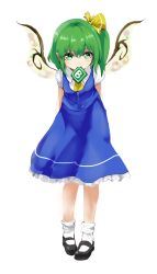Rule 34 | 1girl, ameyu (rapon), arms behind back, bad id, bad twitter id, black footwear, blue skirt, blue vest, bobby socks, collared shirt, daiyousei, fairy wings, frilled skirt, frills, full body, green eyes, green hair, hair ribbon, highres, looking at viewer, mary janes, mouth hold, power-up, revision, ribbon, shirt, shoes, side ponytail, skirt, smile, socks, solo, touhou, vest, white shirt, white socks, wings, yellow ribbon