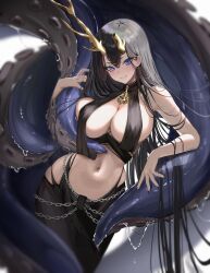 Rule 34 | 1girl, absurdres, antlers, asymmetrical horns, azur lane, bare shoulders, black dress, black hair, breasts, chain, cleavage, commentary, cowboy shot, dress, golden hind (azur lane), hair between eyes, highres, horns, large breasts, liquid, long hair, looking at viewer, mole, mole under mouth, navel, parted lips, rosebell, simple background, sleeveless, sleeveless dress, smile, solo, standing, stomach, suction cups, tentacles, very long hair, white background