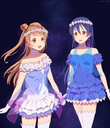 Rule 34 | 2girls, bare shoulders, blue hair, blush, choker, commentary request, cowboy shot, dress, earrings, flower, gloves, grey hair, hair ornament, holding hands, head wreath, highres, jewelry, long hair, love live!, love live! school idol project, minami kotori, multiple girls, one side up, open mouth, oriki tomoko, smile, sonoda umi, thighhighs, white gloves, yellow eyes, yume no tobira