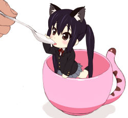 Rule 34 | 1girl, animal ears, black eyes, black hair, cat ears, chibi, cup, feeding, in container, in cup, jinroku, k-on!, long hair, mini person, minigirl, nakano azusa, neck ribbon, red ribbon, ribbon, school uniform, solo focus, spoon, twintails