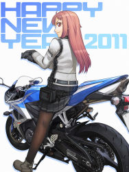 Rule 34 | 1girl, ahoge, boots, female focus, gloves, highres, itou (onsoku tassha), long hair, motor vehicle, motorcycle, new year, original, pantyhose, pouch, profile, red eyes, red hair, skirt, smile, solo, vehicle, white background