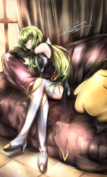 Rule 34 | 10s, 1girl, 2014, blush, boots, breasts, c.c., cheese-kun, code geass, crossed legs, detached sleeves, full body, green hair, hair ribbon, highres, ko-wei, long hair, open mouth, ponytail, ribbon, shiny clothes, signature, sitting, solo, thigh boots, thighhighs, white footwear, yellow eyes