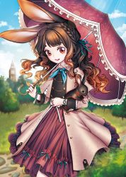Rule 34 | 1girl, animal ears, blue ribbon, blue sky, braid, brown eyes, brown hair, rabbit, rabbit ears, clock, clock tower, day, dress, holding, holding umbrella, jewelry, lantam, long hair, looking at viewer, original, ouside, outdoors, over shoulder, parasol, ribbon, ring, sky, smile, solo, standing, tower, umbrella, watch, wristwatch