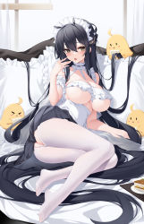Rule 34 | 1girl, absurdly long hair, absurdres, ass, azur lane, between breasts, black hair, black skirt, blush, breasts, brown eyes, brushing hair, cameltoe, comb, crotchless, crotchless pantyhose, feet, frills, full body, hair ornament, hand up, heart, heart in eye, highres, indomitable (azur lane), large breasts, long hair, looking at viewer, lying, maid, maid headdress, manjuu (azur lane), miniskirt, no shoes, on side, open mouth, panties, pantyhose, pillow, pleated skirt, shirt, skirt, symbol in eye, thighs, tongue, tongue out, underboob, underwear, very long hair, white panties, white pantyhose, white shirt, yuxian youka