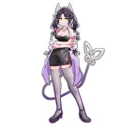 Rule 34 | 1girl, alcohol, alternate costume, bane mk-2, black dress, black footwear, black hair, breasts, cleavage, closed mouth, commentary request, crossed arms, cup, demon girl, demon horns, demon tail, dress, drinking glass, full body, gradient outline, grey thighhighs, high heels, highres, holding, holding cup, horns, jacket, jacket partially removed, jewelry, kojo anna, long hair, looking at viewer, medium breasts, multicolored hair, nanashi inc., necklace, outline, pearl necklace, pencil dress, pink jacket, pointy ears, purple hair, purple outline, simple background, sleeveless, sleeveless dress, smile, solo, standing, tail, thighhighs, transparent background, two-tone hair, two side up, virtual youtuber, white outline, wine, wine glass, yellow eyes