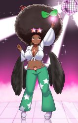 Rule 34 | + +, 1girl, absurdres, afro, alternate hairstyle, alternate skin color, belt, bird wings, black wings, blush, bow, breasts, brown belt, brown hair, cape, cleavage, collared shirt, comb, commentary request, crop top, dark-skinned female, dark skin, disco ball, eyewear on head, full body, green bow, green pants, hair bow, heart, highres, large breasts, looking at viewer, low wings, midriff, mind control, navel, open mouth, pants, pointing, pointing up, red eyes, reiuji utsuho, shirt, smile, solo, sparkle, standing, star-shaped eyewear, star (symbol), star print, sunglasses, third eye, tied shirt, touhou, white cape, white shirt, wide sleeves, wings, yuafro
