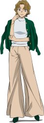 1girl blonde_hair blue_eyes brown_pants closed_mouth full_body green_footwear green_jacket green_nails hand_on_own_elbow jacket jacket_on_shoulders long_sleeves meitantei_conan official_art oooka_momiji pants shirt short_hair short_sleeves simple_background smile solo standing tachi-e transparent_background white_shirt