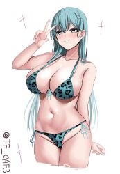 Rule 34 | 1girl, aqua bikini, aqua hair, bikini, breasts, cleavage, cropped legs, front-tie bikini top, front-tie top, hair between eyes, hair ornament, hairclip, hand up, hashtag-only commentary, highres, kantai collection, large breasts, long hair, looking at viewer, navel, one-hour drawing challenge, parted lips, side-tie bikini bottom, smile, solo, stomach, suzuya (kancolle), swimsuit, tf cafe, twitter username, w, white background, x hair ornament