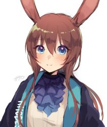 Rule 34 | 1girl, amiya (arknights), animal ears, arknights, black jacket, blue eyes, blue neckwear, blush, brown hair, closed mouth, commentary request, hair between eyes, highres, jacket, long hair, looking at viewer, nanatsuka, open clothes, open jacket, rabbit ears, shirt, signature, simple background, smile, solo, upper body, white background, white shirt