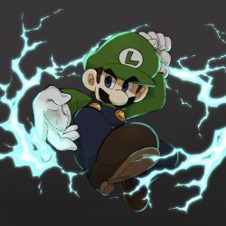 1boy black_background blue_eyes blue_overalls brown_footwear brown_hair electricity facial_hair gloves hat highres luigi male_focus mario_&amp;_luigi:_superstar_saga mario_(series) mimimi_(mimimim9999) mustache nintendo overalls shirt shoes short_hair simple_background solo white_gloves