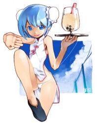 1girl bad_id bare_arms bare_shoulders black_footwear blue_eyes blue_hair blue_sky breasts bubble_tea bun_cover china_dress chinese_clothes cloud commentary_request double_bun dress drink drinking_straw flats hair_bun holding kei_(keigarou) leg_up micro_panties open_mouth original panties short_hair side_slit sky sleeveless sleeveless_dress small_breasts smile solo standing standing_on_one_leg teeth underwear upper_teeth_only utility_pole white_dress white_panties