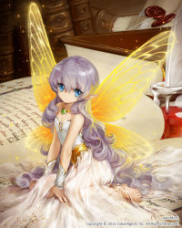 Rule 34 | 1girl, ancient fairy, artist name, bare shoulders, barefoot, blue eyes, book, butterfly wings, character name, dress, fairy, insect wings, jane mere, jewelry, light particles, long hair, lots of jewelry, mini person, minigirl, necklace, pointy ears, silver hair, sitting, solo, tenkuu no crystalia, very long hair, watermark, wings