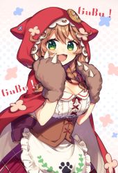 Rule 34 | 1girl, :d, animal ears, animal hands, animal hood, apron, blush, braid, breasts, brown gloves, brown hair, cape, center frills, cleavage, frilled apron, frills, gloves, green eyes, hair between eyes, halftone, halftone background, hands up, hood, hood up, hooded cape, long hair, medium breasts, nijisanji, open mouth, paw gloves, plaid, plaid skirt, pleated skirt, red cape, red skirt, shirt, skirt, smile, solo, twin braids, underboob, virtual youtuber, waist apron, warabeda meiji, warabeda meiji (1st costume), warabeda meijii, white apron, white shirt, yamabukiiro