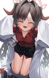 Rule 34 | 1girl, ahoge, black hair, black horns, black shorts, black tail, blue archive, breasts, closed eyes, coat, collared shirt, demon horns, facing viewer, fang, hair intakes, halo, highres, horns, kasumi (blue archive), lab coat, long hair, open mouth, red halo, red shirt, shirt, shirt tucked in, shorts, shuvi (shuvi1125), simple background, skin fang, sleeves past fingers, sleeves past wrists, small breasts, smile, solo, white background, white coat