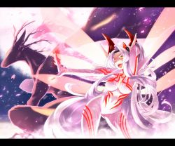 Rule 34 | 1girl, arm up, bodysuit, breasts, creature, fang, fantasy, female focus, fingernails, hazuki gean, letterboxed, long hair, multiple wings, outdoors, outstretched hand, petals, pixiv fantasia, pixiv fantasia 5, sky, smile, solo, white hair, wings, yellow eyes