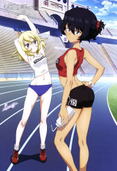 Rule 34 | 2girls, absurdres, andou (girls und panzer), armpits, arms up, ass, back, bc freedom (emblem), black hair, black shorts, bleachers, blonde hair, blue buruma, blue eyes, blue sky, bottle, breasts, brown hair, buruma, cloud, dark-skinned female, dark skin, day, emblem, girls und panzer, grass, gym uniform, hair between eyes, hair ornament, hair scrunchie, halterneck, hand on own hip, highres, holding, holding bottle, looking at viewer, megami magazine, multiple girls, navel, official art, oshida (girls und panzer), outdoors, railing, red footwear, red shirt, scan, scrunchie, shirt, shorts, sky, small breasts, smile, stairs, standing, stretching, track and field, wang guo nian, white shirt