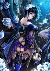 Rule 34 | 1girl, bare shoulders, black hair, black thighhighs, blue eyes, breasts, cleavage, earrings, elbow gloves, eyelashes, flower, garter straps, gin ji, gloves, goat, hair flower, hair ornament, highres, holding, holding flower, jewelry, large breasts, looking at viewer, orb, original, short hair, solo, standing, star (symbol), thighhighs, white gloves, witch