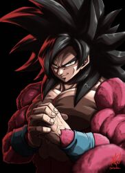 Rule 34 | 1boy, absurdres, black background, black hair, blurry, commentary request, depth of field, dragon ball, dragon ball gt, highres, large pectorals, liedein, male focus, monkey tail, own hands clasped, own hands together, pectorals, signature, smile, solo, son goku, super saiyan, super saiyan 4, tail, twitter username, upper body, veins, yellow eyes