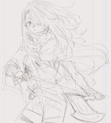 Rule 34 | 1girl, axe, bandaged arm, bandaged hand, bandages, cloak, elf, hair over one eye, highres, holding, holding axe, holding weapon, long hair, maido mido, original, parted lips, pointy ears, sketch, solo, weapon, wide-eyed