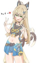 Rule 34 | absurdres, animal ears, black tank top, blonde hair, blue shorts, bow, bowtie, cat ears, cat tail, genshin impact, green eyes, highres, kirara (genshin impact), kyaong, multicolored hair, multiple tails, sailor collar, shorts, tagme, tail, tank top, translation request, two-tone hair, two tails