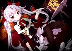Rule 34 | 1girl, anchor, azur lane, belt, black thighhighs, blood, bra, chain, couch, cup, drinking glass, flat chest, garter belt, hair ornament, halloween, holding, holding cup, holding drinking glass, long hair, pumpkin, red eyes, ribbon, signature, sitting, smile, solo, table, thighhighs, twintails, underwear, vampire (azur lane), wine glass