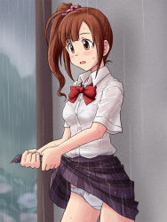 Rule 34 | 1girl, black skirt, blue panties, blush, bow, bow panties, bowtie, bralines, breasts, brown eyes, brown hair, check commentary, commentary request, cowboy shot, crotch seam, dress shirt, frown, grey sky, hair ornament, hair scrunchie, idolmaster, idolmaster cinderella girls, igarashi kyoko, lielos, light blush, long hair, medium breasts, miniskirt, open mouth, outdoors, panties, pleated skirt, purple scrunchie, rain, red bow, red bowtie, school uniform, scrunchie, see-through, shirt, short sleeves, side ponytail, skirt, sky, solo, standing, striped clothes, striped skirt, underwear, uniform, vertical-striped clothes, vertical-striped skirt, wet, wet clothes, wet hair, wet shirt, white shirt, wing collar, wringing clothes, wringing skirt