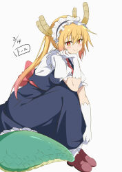 Rule 34 | 1girl, absurdres, blonde hair, blue dress, blush, bright pupils, brown footwear, closed mouth, commentary request, dragon girl, dragon horns, dragon tail, dress, elbow gloves, from side, gloves, gradient hair, hair between eyes, hand on own cheek, hand on own face, head rest, highres, horns, kobayashi-san chi no maidragon, long dress, long hair, looking at viewer, maid, maid headdress, multicolored hair, nishizuki shino, orange eyes, pink hair, scales, shirt, short sleeves, simple background, sitting, slit pupils, smile, solo, tail, tohru (maidragon), twintails, white background, white gloves, white pupils, white shirt