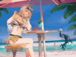 Rule 34 | 2girls, amiya (arknights), animal ears, arknights, bandeau, bare shoulders, beach umbrella, blue sky, breasts, brown hair, cat ears, cleavage, commentary request, crossed legs, cup, drinking glass, eyewear on head, feet out of frame, food, grey eyes, highres, holding, holding food, kal&#039;tsit (arknights), long hair, looking at viewer, midriff, miniskirt, mon3tr (arknights), multiple girls, nana keki, navel piercing, ocean, off shoulder, official alternate costume, outdoors, parted lips, piercing, popsicle, rabbit ears, sitting, skirt, sky, small breasts, stomach, strapless, sunglasses, thighs, tube top, umbrella, water, watermelon, watermelon slice, white hair