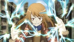 Rule 34 | 1girl, bad id, bad twitter id, blue bow, blue bowtie, bow, bowtie, brown eyes, coat, coppelion, evil grin, evil smile, grin, irae creation, light brown hair, long hair, looking at viewer, outdoors, ozu kanon, pale skin, power lines, ruins, scarf, smile, solo, upper body