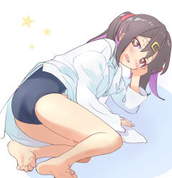 Rule 34 | 1girl, bare legs, barefoot, black hair, blue one-piece swimsuit, blush, brown eyes, commentary, elbow rest, feet, hair ornament, hair ribbon, hairclip, kyarahiba, lab coat, legs, long hair, long sleeves, looking at viewer, lying, multicolored hair, on side, one-piece swimsuit, onii-chan wa oshimai!, open mouth, oyama mihari, purple hair, red ribbon, ribbon, simple background, soles, solo, star (symbol), swimsuit, swimsuit under clothes, toenails, toes, twintails, two-tone hair, wavy mouth, white background